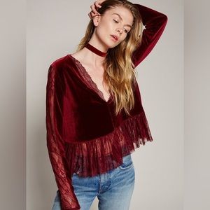 Free People Velvet & Lace V-Neck Top in Burgundy | Small